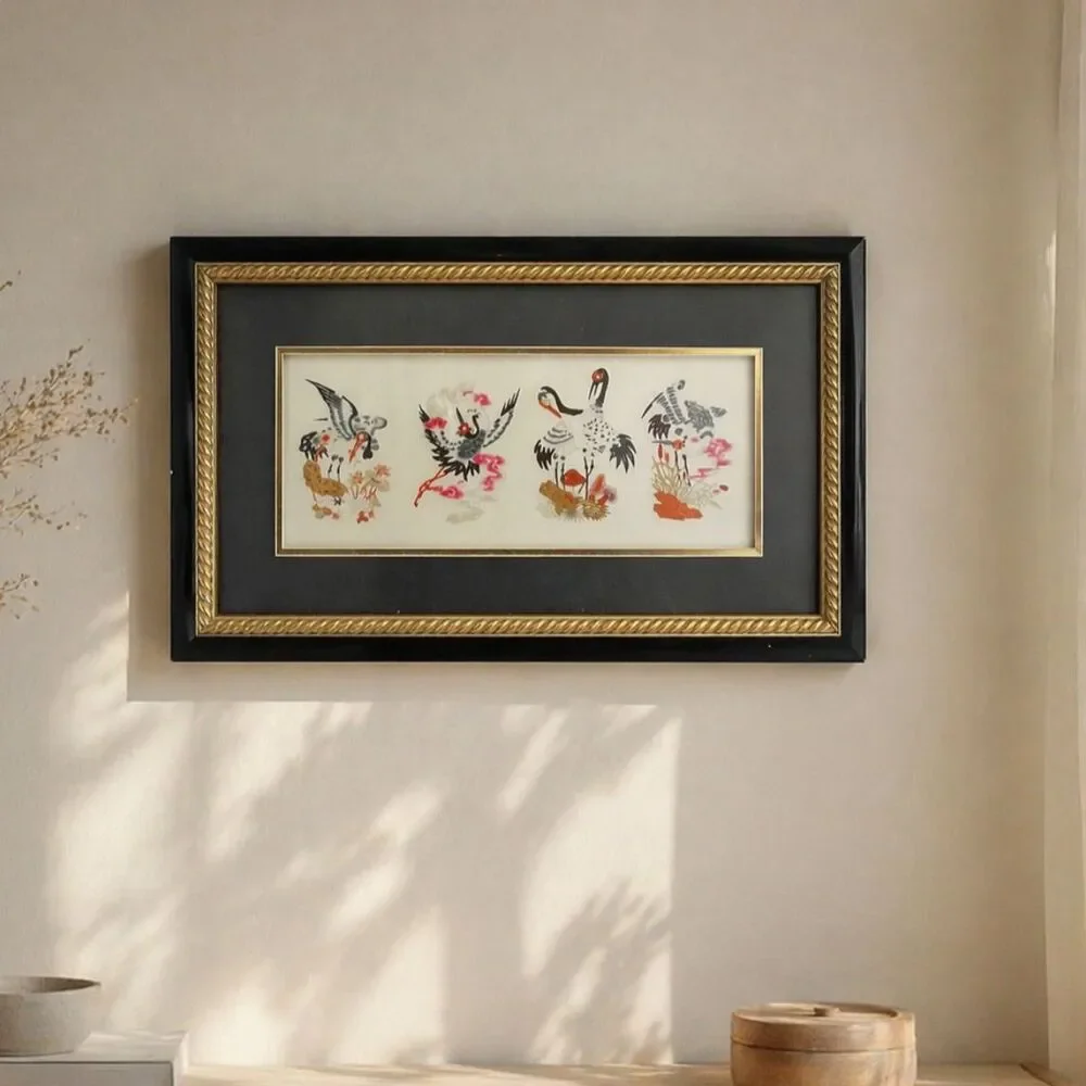 Vintage Asian Crane Silk Wall Art Framed Chinoiserie Bird Gold Frame 21” x 12.5”